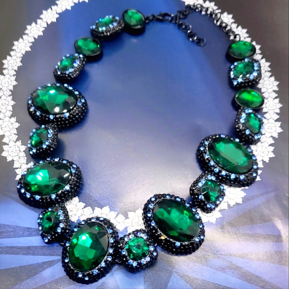 Vintage Estate Baroque Runway Green & Blue Austrian Crystal Statement Ne